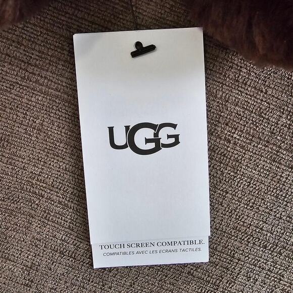 UGG Women's Brown Leather Shorty Tech Tip Real Fur Cuff Gloves Size L/G - Picture 10 of 11